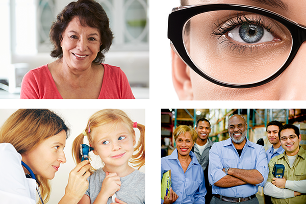 A set of four pictures featuring a senior hispanic woman, a close up of a womans eye with glasses on, a doctor looking in a childs ear, and a group of warehouse workers.